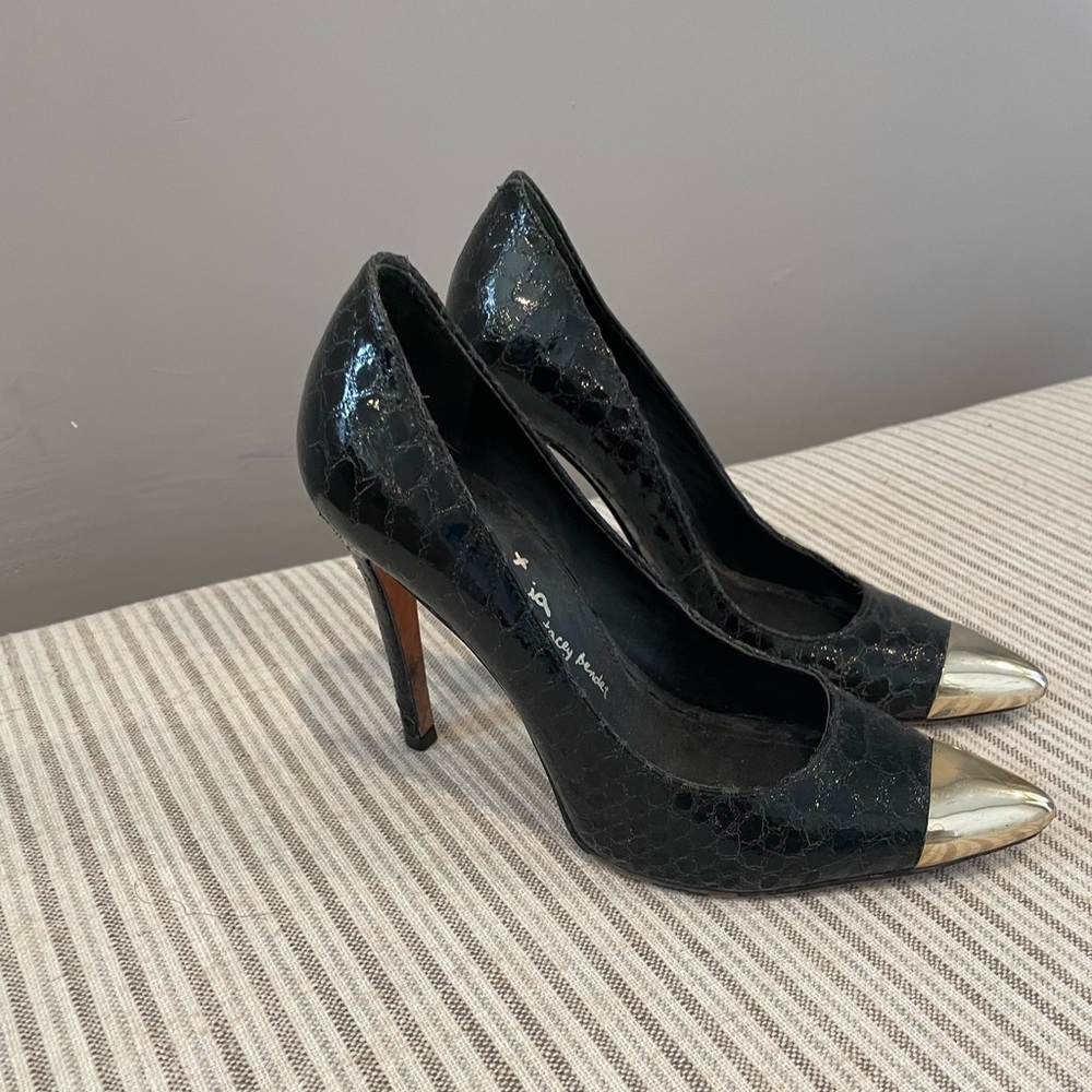 Alice & Olivia Croc Embossed Gold Toe Heels - Dina Single Sole Pumps